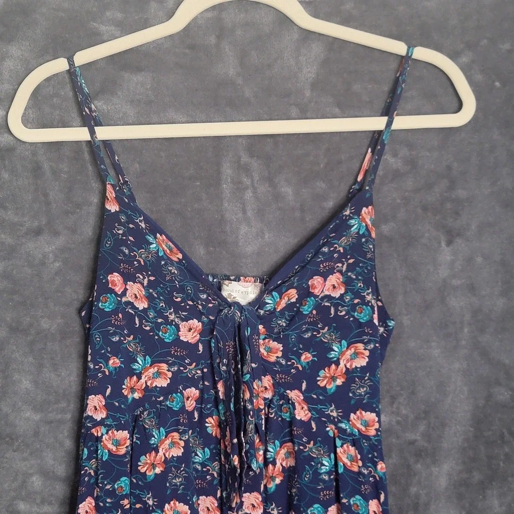 Band of Gypsies Mini Dress Small Navy Blue Floral Tie Front Boho Ruffle Cowgirl - Picture 2 of 10